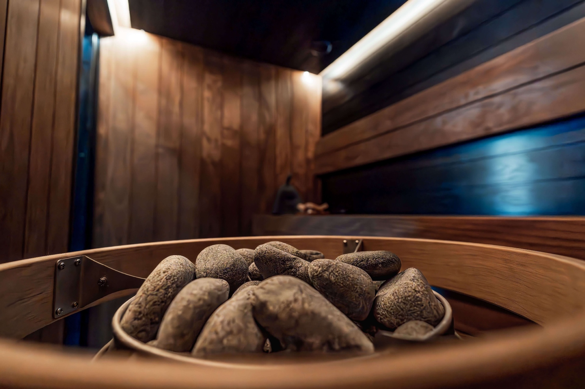 Sauna interior with heated stones