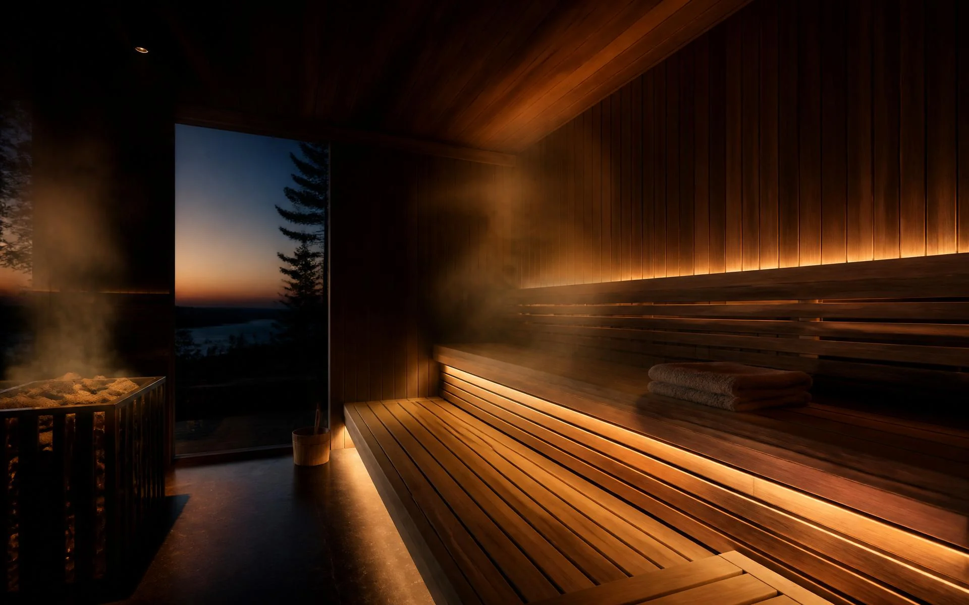 Luxury cedar sauna interior at dusk